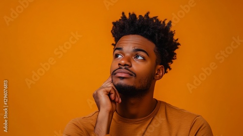 Portrait of a young man with dark hair looking upwards against an orange background