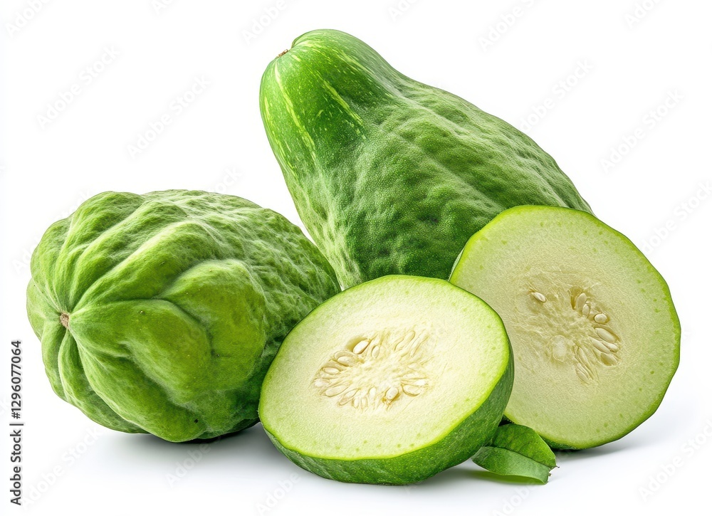 Fresh green chayote with its texture and sliced cross-section showcasing the fleshy interior and vibrant color on a white background