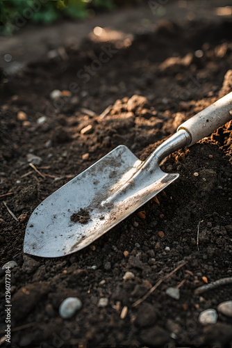 Wallpaper Mural Weathered Garden Shovel Blade Against Dark Rich Soil with Natural Textures in Soft Natural Light
 Torontodigital.ca