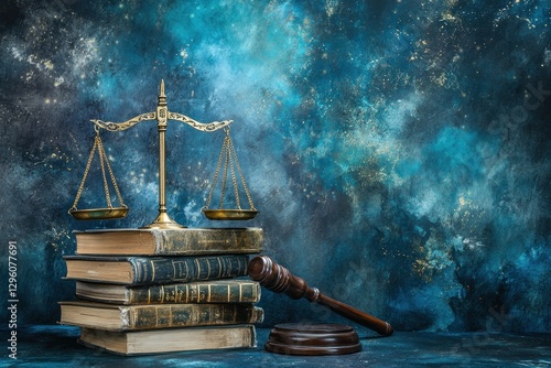 Scales of justice, gavel, and old law books on a dark blue textured background.