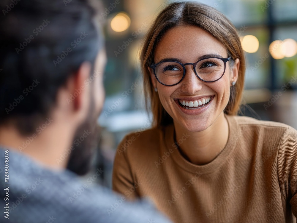 Woman and man smiling at each other in casual setting