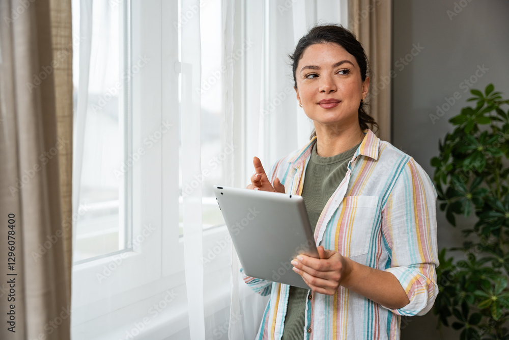 Real estate agent with tablet pc looking through window. Young business woman working at home, using device gadget. Successful professional occupation graphic designer female taking a break from work. Real estate agent with tablet pc looking through window. Young business woman working at home, using device gadget. Successful professional occupation graphic designer female taking a break from work.