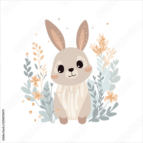Cute boho little Easter bunny. Cute lovable Easter bunny. Cartoon rabbit character for kids cards, baby shower, invitation, poster. Vector stock illustration
