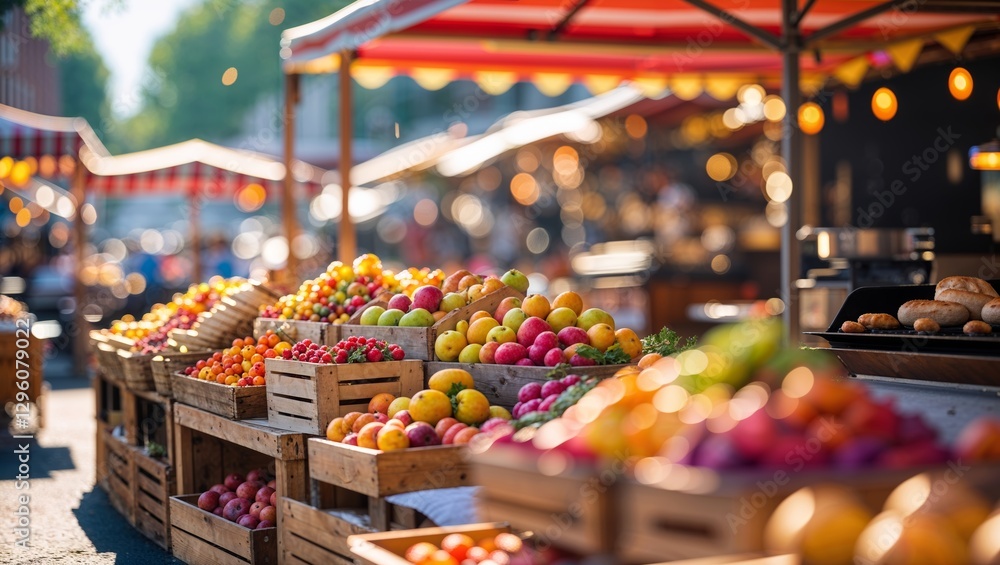 Fototapeta premium Vibrant farmers market brimming with fresh fruits and vegetables in a bustling outdoor setting during a sunny day