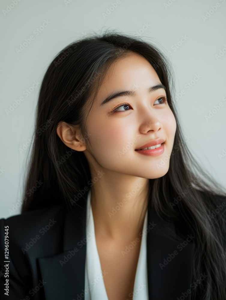 Young woman with makeup looking upwards, professional attire. Confident expression. Soft lighting and blurred background. Young woman with makeup looking upwards, professional attire. Confident expression. Soft lighting and blurred background.