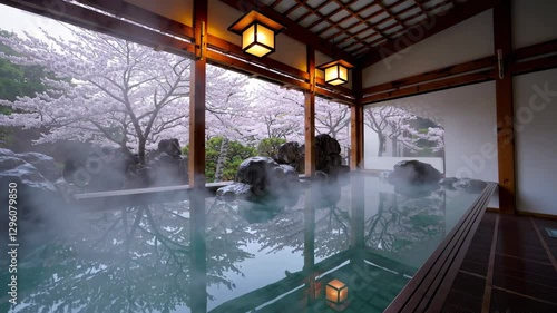 Traditional Ryokan Onsen: A Serene Outdoor Hot Spring with Cherry Blossoms