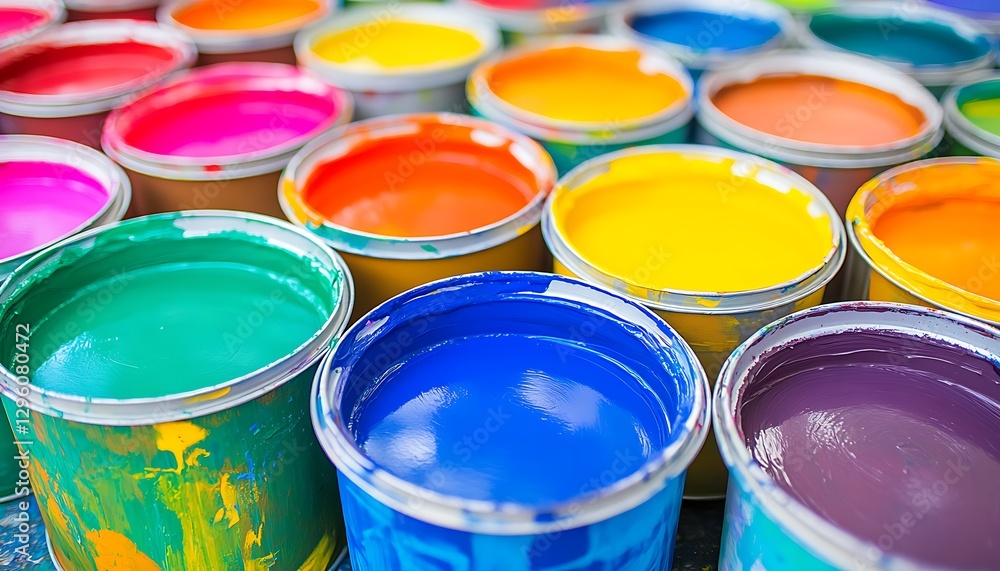 Colorful paint cans, art project, studio, many cans Colorful paint cans, art project, studio, many cans