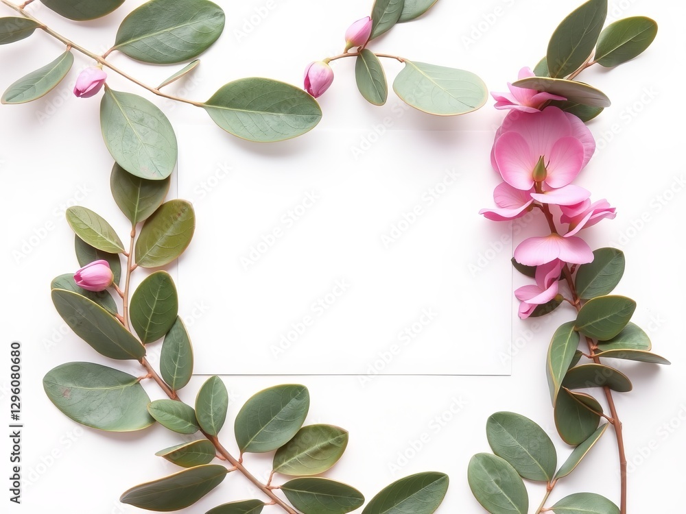 Naklejka premium Elegant Frame Crafted from Eucalyptus Leaves and Delicate Pink Flowers Showcasing Natural Beauty