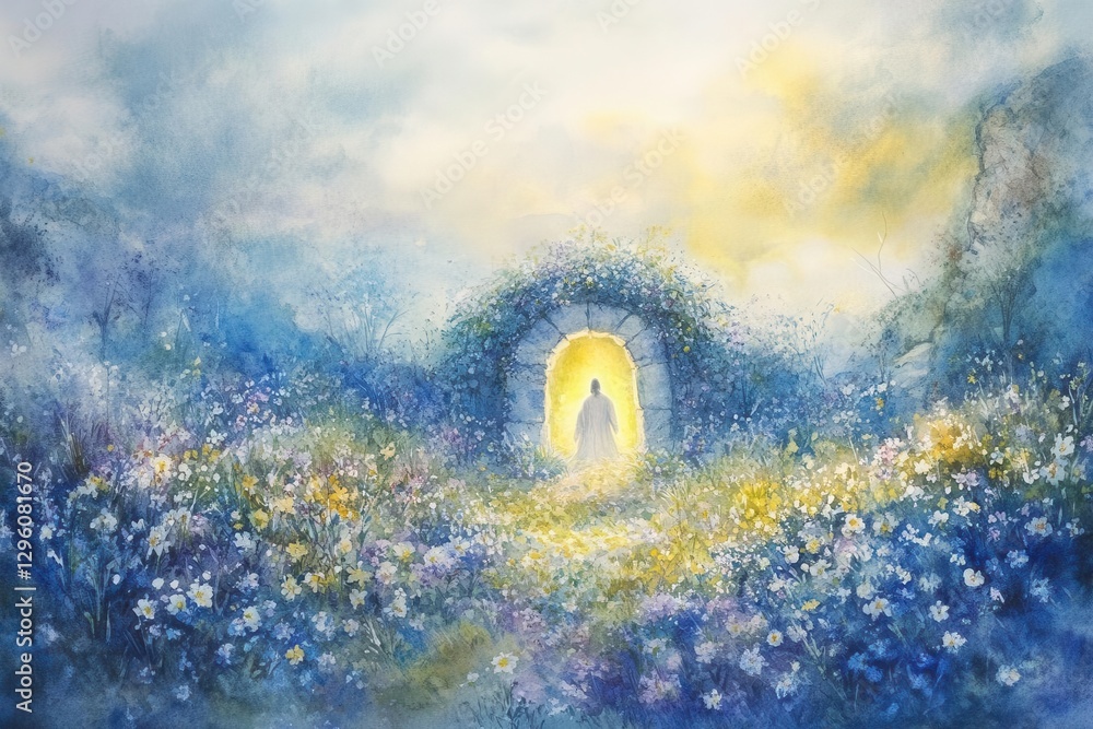 watercolor resurrection with jesus rising in shimmering blues and yellows, tomb aglow amidst wildflowers, soft edges blending into a radiant spring sky.