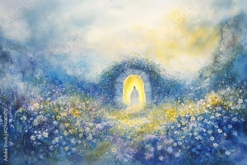 Obraz na płótnie watercolor resurrection with jesus rising in shimmering blues and yellows, tomb aglow amidst wildflowers, soft edges blending into a radiant spring sky. w salonie