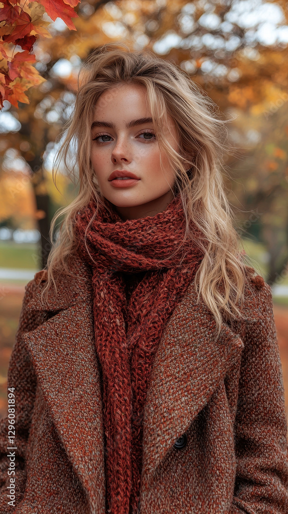 Model showcases stylish autumn look in warm coat and scarf while surrounded by vibrant fall foliage in serene park setting Model showcases stylish autumn look in warm coat and scarf while surrounded by vibrant fall foliage in serene park setting