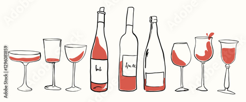 Hand drawn wine bottles and glasses vector illustration. Hand draw la dolce vita doodles