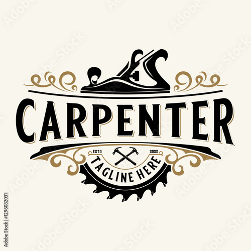 Vintage carpenter logo. planer and blade saw machine, for carpentry or woodworking.