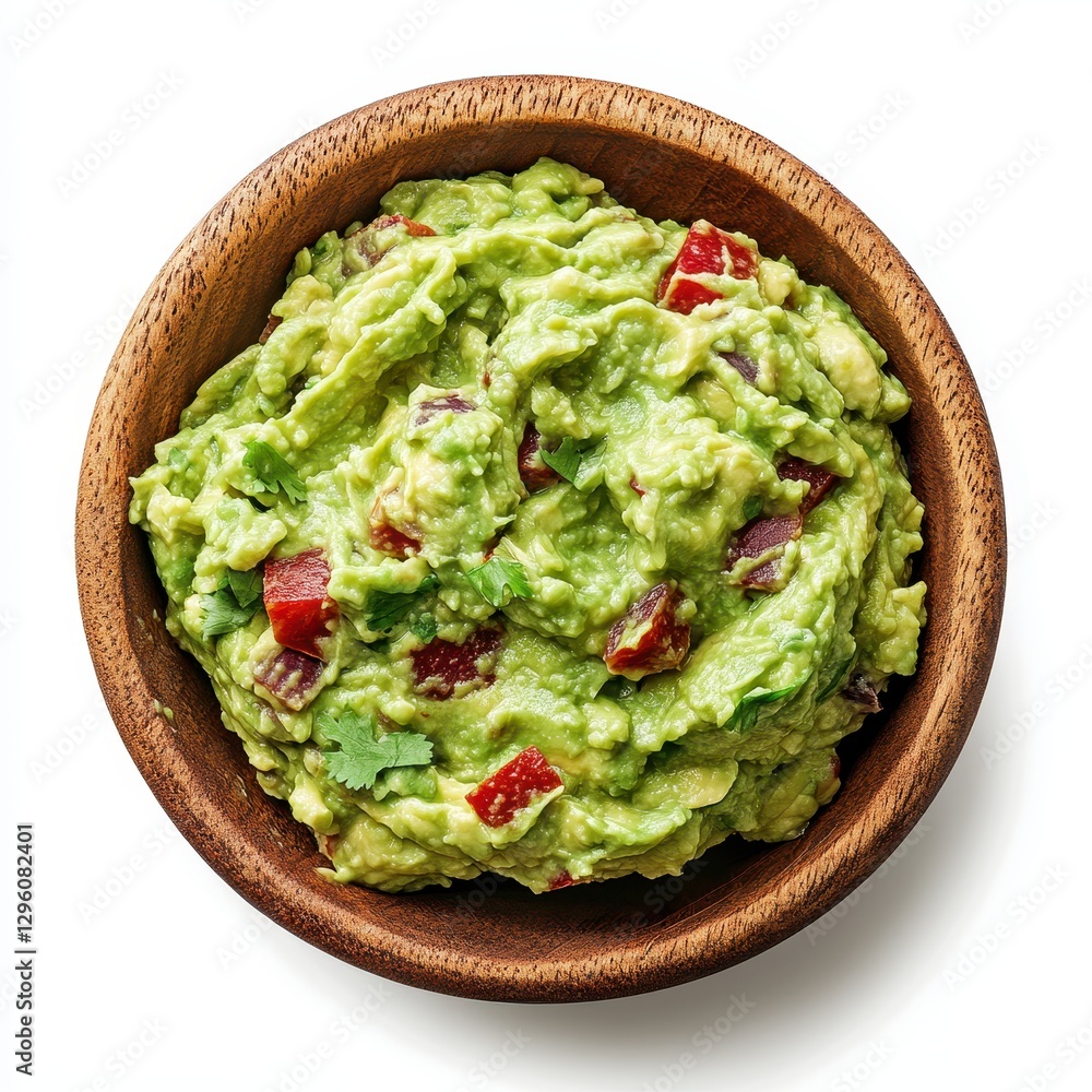 Freshly Made Guacamole in a Wooden Bowl with Diced Tomatoes and Cilantro on a White Background for Culinary and Recipe Themes Freshly Made Guacamole in a Wooden Bowl with Diced Tomatoes and Cilantro on a White Background for Culinary and Recipe Themes