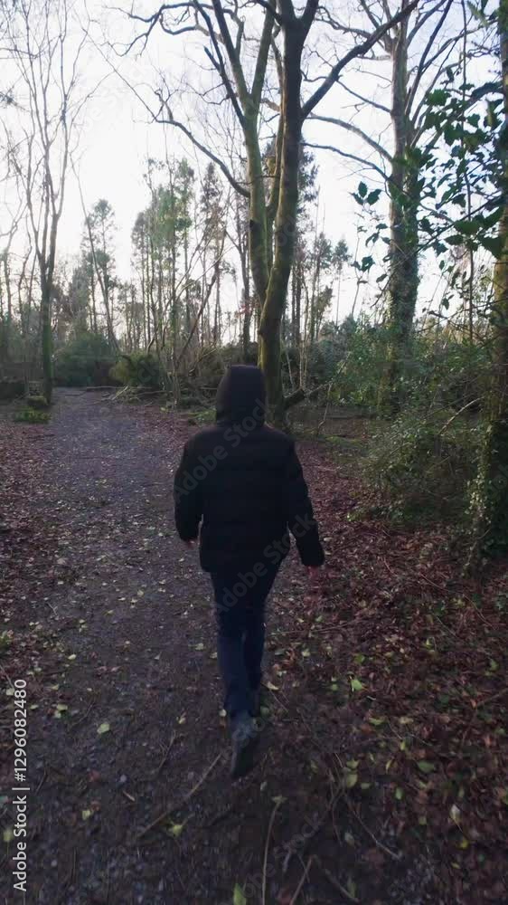 Girl in black hooded jacket walking in Merlin woods after storm, active people in nature, lifestyle and leisure, Galway, Ireland Girl in black hooded jacket walking in Merlin woods after storm, active people in nature, lifestyle and leisure, Galway, Ireland