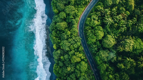 A peaceful top-down view of a coastal road, with lush greenery on one side and the ocean on the other, stretching to the horizon.