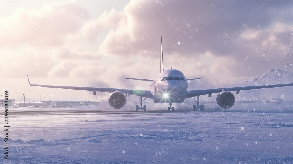 Naklejka premium An airplane taxis on a runway at an arctic international airport blanketed in thick snow under cloudy skies. The winter weather creates a picturesque, frosty backdrop