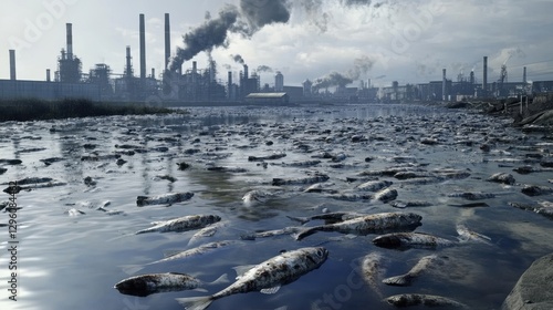 A large number of dead fish float on the surface of a river contaminated by industrial pollution, highlighting the ecological crisis caused by nearby factories