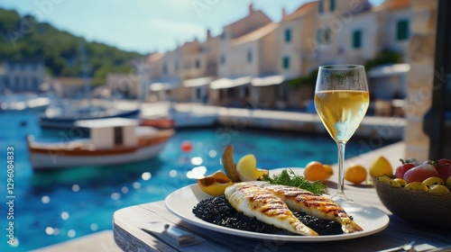 Visitors savor a delicious meal of grilled fish accompanied by white wine at a charming seaside café table in Croatia as boats gently sway on the water