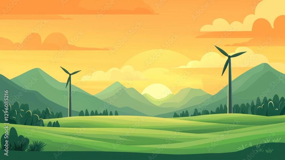 Obraz premium Wind turbines in a green field with mountains and a sunset. Concept of renewable energy and sustainability.