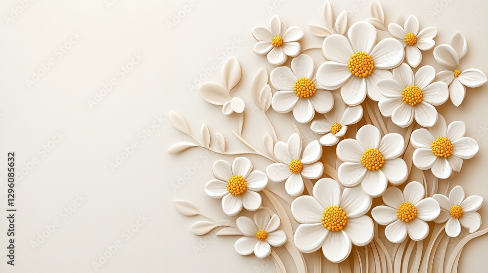Elegant 3D White Flowers on Beige Background Elegant 3D White Flowers on Beige Background