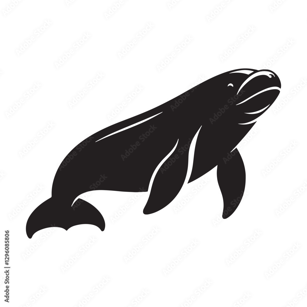 Fototapeta premium Shadowy Dugong silhouette, a mysterious figure beneath the waves - Dugong illustration - Minimalist Dugong vector - Deep sea silhouette 