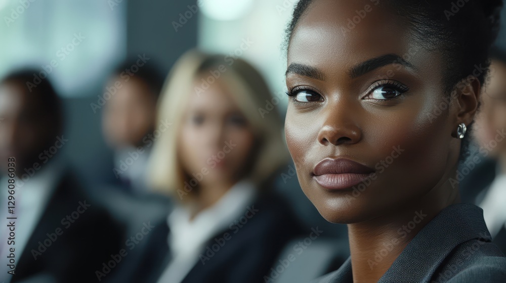 A millennial black businesswoman, with her sharp suit and determined gaze, addressed her colleagues at a bustling corporate meeting, her voice clear and confident as she presented her ideas, a A millennial black businesswoman, with her sharp suit and determined gaze, addressed her colleagues at a bustling corporate meeting, her voice clear and confident as she presented her ideas, a