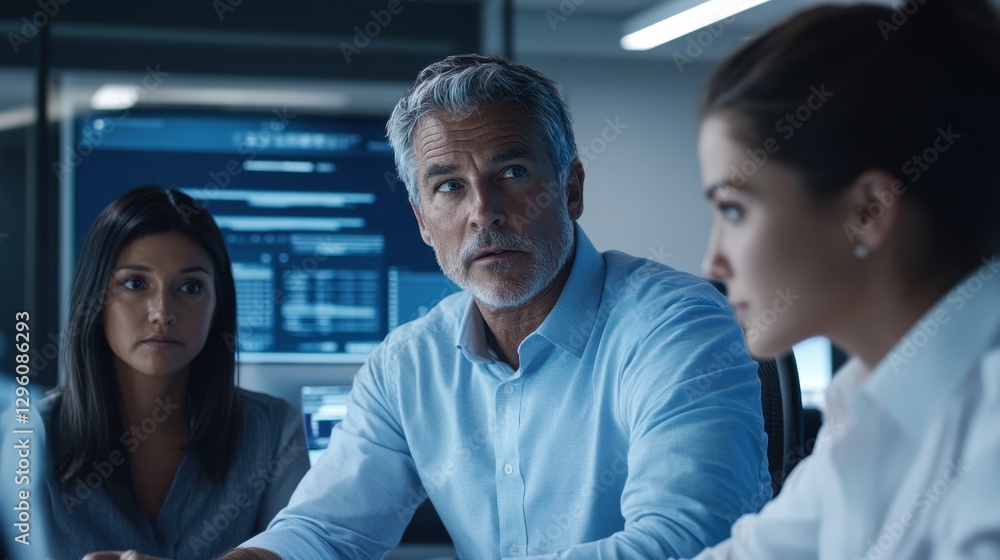 Obraz premium In a crisp, modern office, a diverse group of business professionals - a coworker, a shareholder, and a client - gathered for a focused discussion, their faces illuminated by the glow of computer