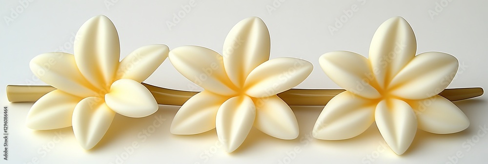 Three Delicate White Sculptural Blossoms with Yellow Centers on a Curved Base, Isolated on White Three Delicate White Sculptural Blossoms with Yellow Centers on a Curved Base, Isolated on White