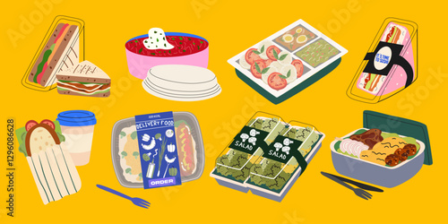 Healthy snacks and food delivery. Sandwich, salad, sushi burger, ready meals, soup, coffee. Plastic packs, lunchbox containers and bags for food to go. Flat vector illustration