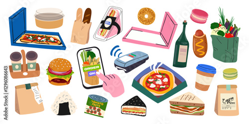 Vector icon collection of delivery food, takeaway lunch, payment methods, delivery service, paper box, packaging. Take out food to home. Fast food delivery cartoon retro stickers