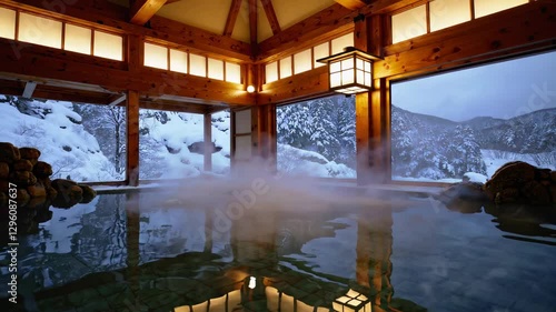 Traditional Ryokan Onsen: A Serene Outdoor Hot Spring in a Snowy Winter Wonderland