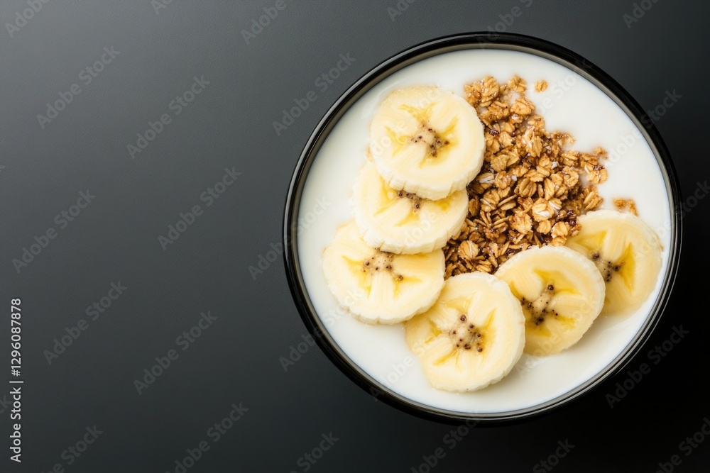 Bowl filled with yogurt topped with sliced bananas and crunchy g Bowl filled with yogurt topped with sliced bananas and crunchy g