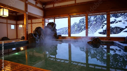 Traditional Ryokan Onsen: A Serene Outdoor Hot Spring in a Snowy Winter Wonderland