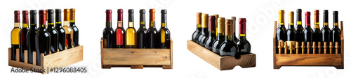 Wooden wine racks displaying various bottles showcasing red and white wine varieties