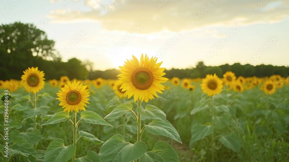 Bright sunflowers in vast field basking in warm sunset glow evok Bright sunflowers in vast field basking in warm sunset glow evok