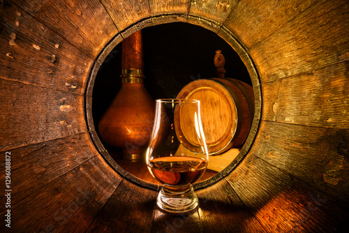 A glass of whiskey in old oak barrel. Copper alambic on background. Traditional alcohol distillery concept