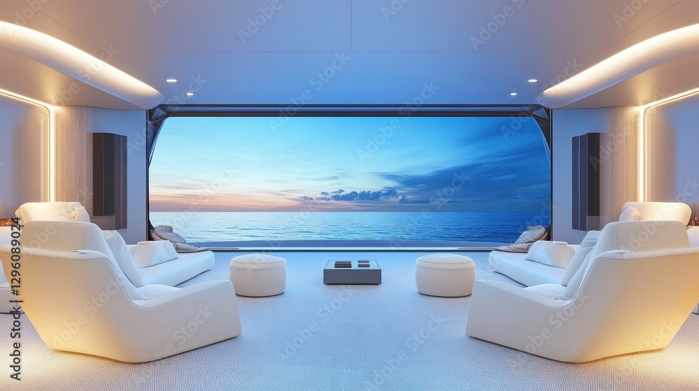 Fototapeta premium This stunning home cinema features elegant white seating arranged for comfort, with a panoramic window showcasing a serene ocean sunset. Soft ambient lighting enhances the luxurious atmosphere