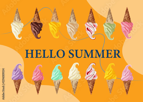 Banner for Summer with different ice cream on yellow background, Vector illustarion for posters, web, banner and packaging.