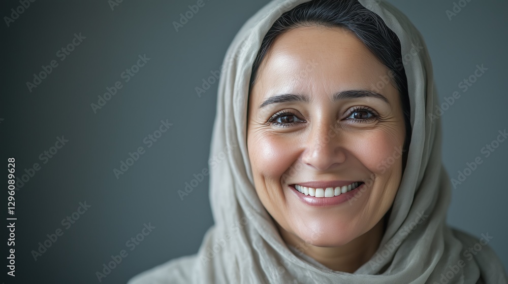 A kind Middle Eastern woman with a warm smile, wearing a light scarf, engages warmly with the viewer in a peaceful, softly lit setting. Her expression radiates sincerity and comfort A kind Middle Eastern woman with a warm smile, wearing a light scarf, engages warmly with the viewer in a peaceful, softly lit setting. Her expression radiates sincerity and comfort
