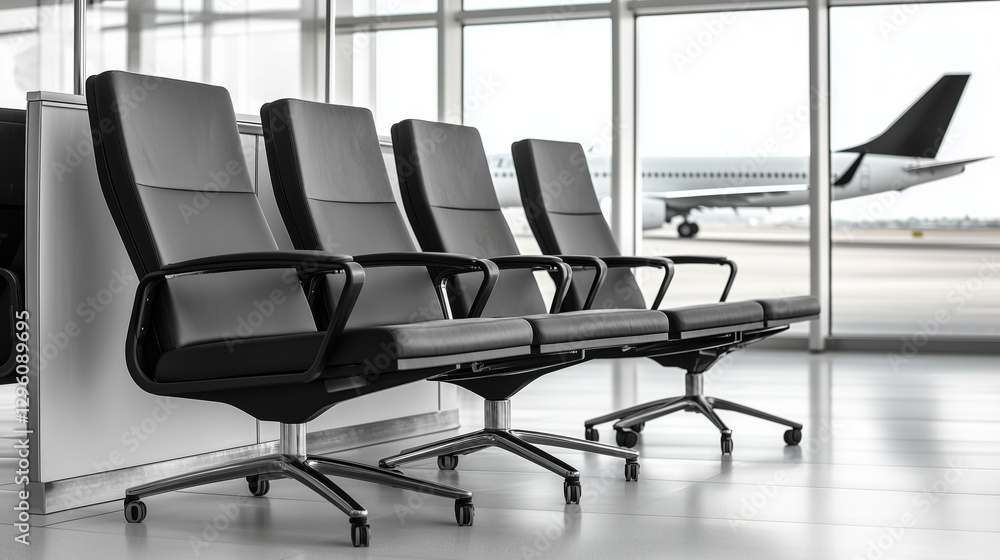 Modern airport seating with sleek black chairs overlooking runway and aircraft, featuring large windows letting in natural light and a calm atmosphere Modern airport seating with sleek black chairs overlooking runway and aircraft, featuring large windows letting in natural light and a calm atmosphere