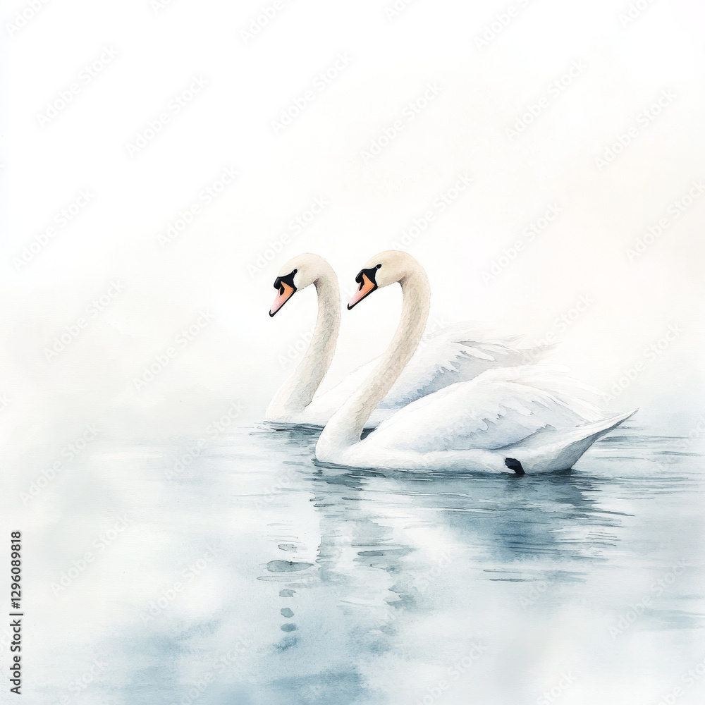 Fototapeta premium Two elegant swans gracefully glide in water, reflecting serenity