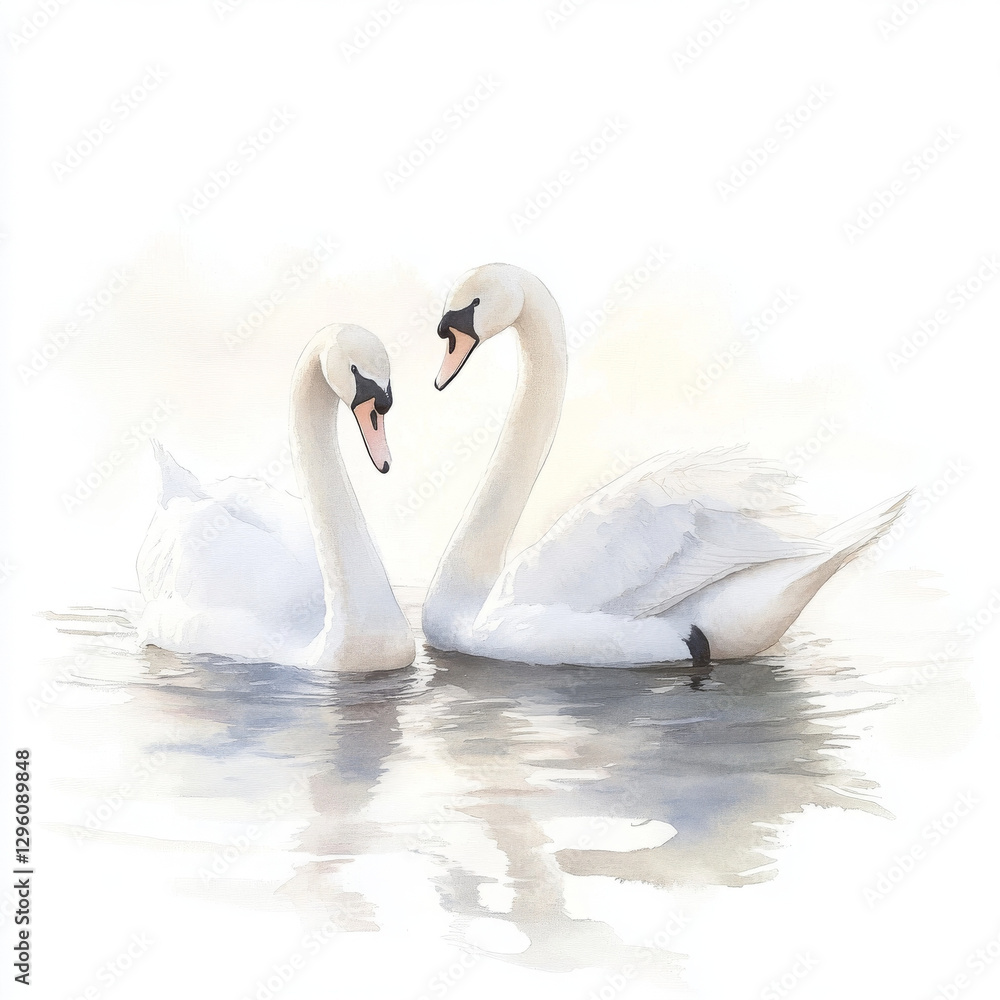 Two elegant swans swim gently in water, showing affection Two elegant swans swim gently in water, showing affection
