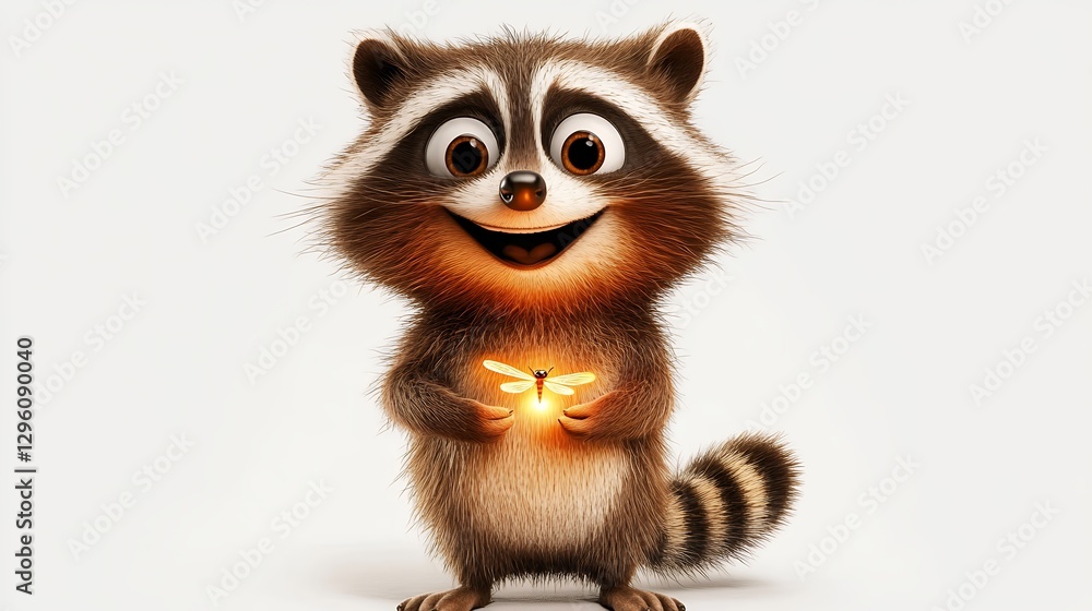 Happy Raccoon Cartoon with Glowing Firefly on White Happy Raccoon Cartoon with Glowing Firefly on White