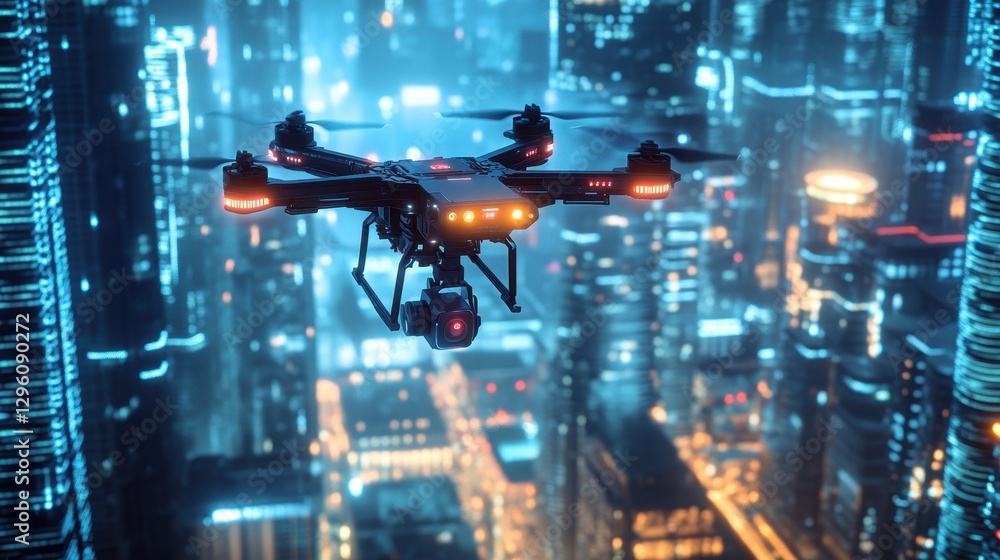 A sophisticated drone hovers over a vibrant urban environment at night, showcasing glowing skyscrapers and bustling streets filled with life. Its advanced technology is evident in the details A sophisticated drone hovers over a vibrant urban environment at night, showcasing glowing skyscrapers and bustling streets filled with life. Its advanced technology is evident in the details