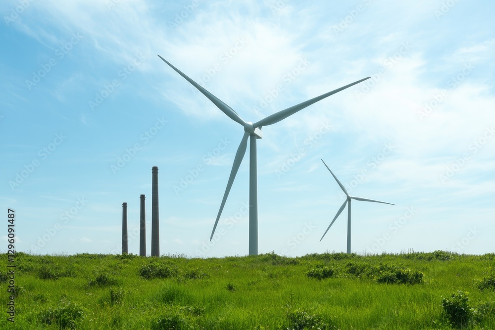 Wind turbines stand tall in lush green field under clear blue sk Wind turbines stand tall in lush green field under clear blue sk