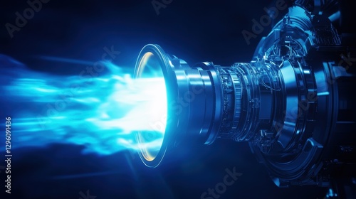 An innovative nuclear-powered propulsion system is being tested, producing an intense blue plume of energy