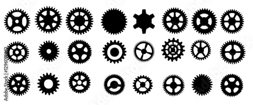 
Simple black vector gear icons, featuring minimal line drawings and flat design elements

