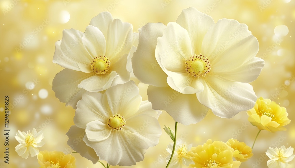 Obraz premium Gentle Yellow Cosmos Wheat Floral Botanical Illustration, Light Watercolor Style Design