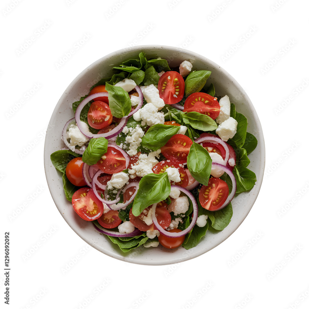 Fresh Salad with Cherry Tomatoes, Crumbled Cheese, Red Onions, and Basil, Isolated on Transparent Background PNG Fresh Salad with Cherry Tomatoes, Crumbled Cheese, Red Onions, and Basil, Isolated on Transparent Background PNG